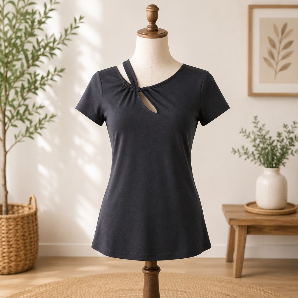 NWT Cupshe Cutout Neckline Top Womens Small Black Short Sleeve Asymmetric Tee